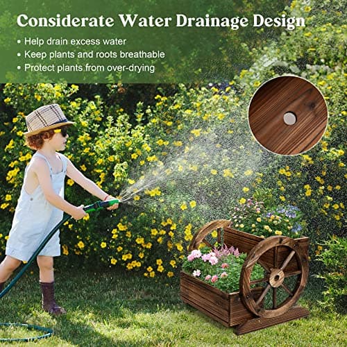 OIPRTGFJ Wooden Wagon Planter Box, Garden Planter with Wheels,Decorative Planter for Flowers Herbs Vegetables for Indoor & Outdoor Décor, Flower Cart for Patio Garden Balcony - Image 6