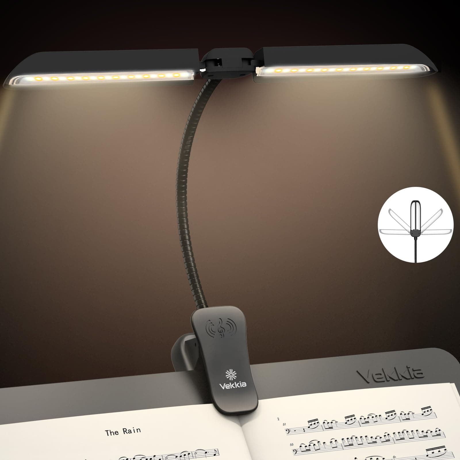 Vekkia 64 Led Rechargeable Music Stand Light - Folding Clip On Piano Lamp, Portable Professional with 5 Brightness×3 Color Temperature for Grand Piano and Book Reading 5.0