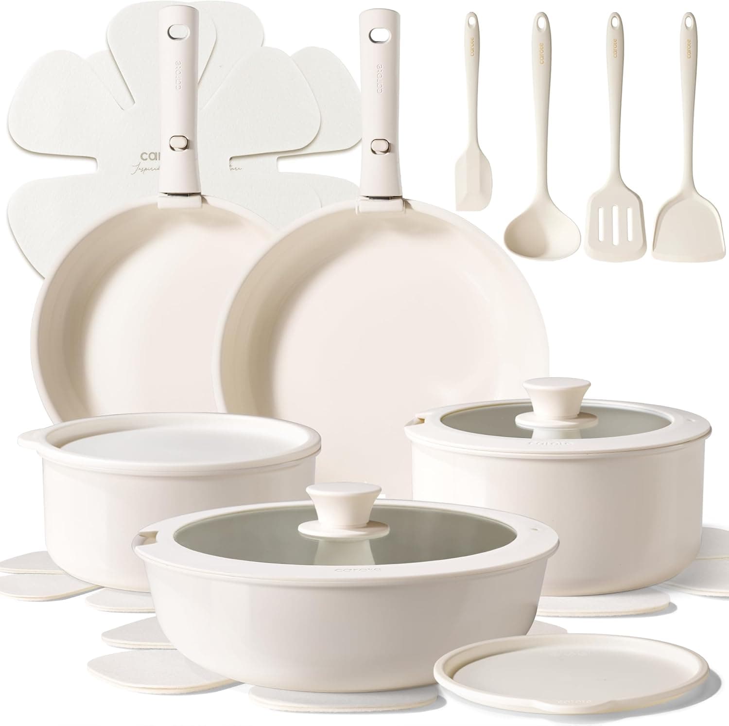 CAROTE 19pcs Pots and Pans Set Non Stick, Ceramic Cookware Sets, Oven/Fridge Safe, Space Saving Pots Set, Nonstick Cooking Set with Versatile Detachable Handle, Induction RV Set, Cream White - Image 2