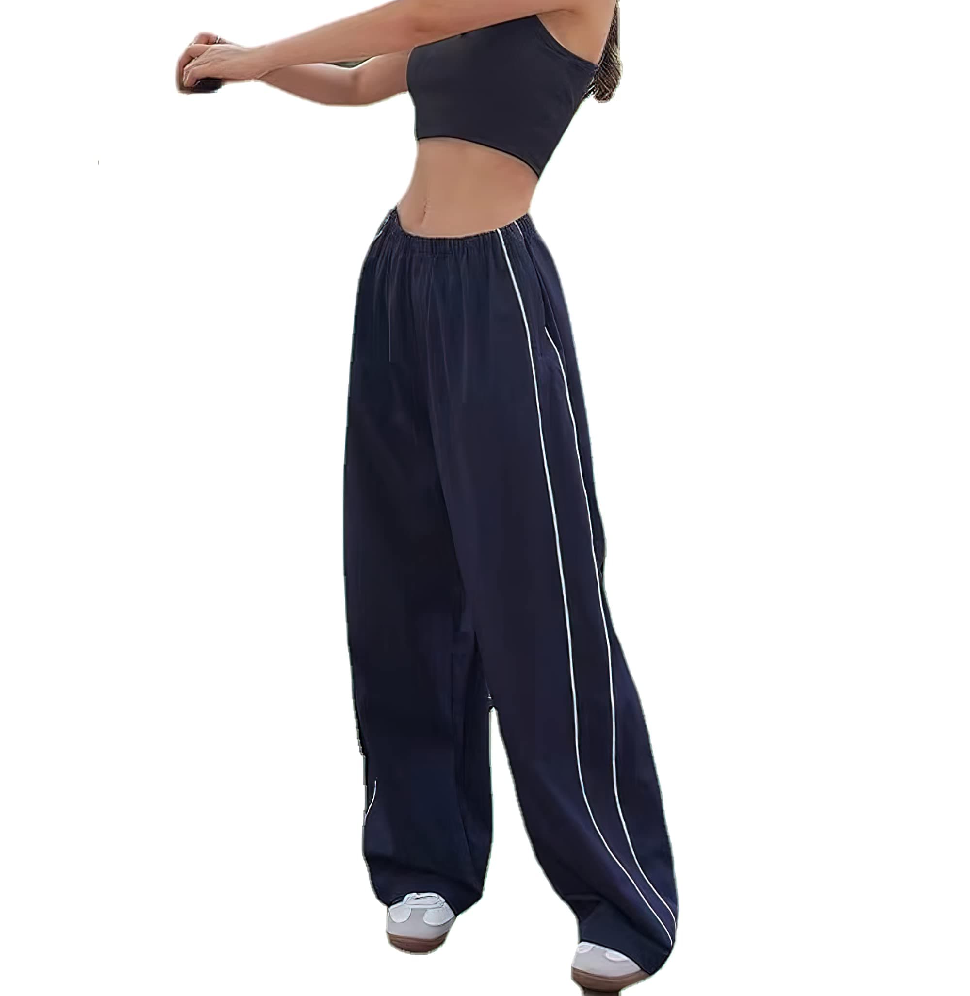 XPONNI Women's Baggy Y2K Parachute Pants Small Navy
