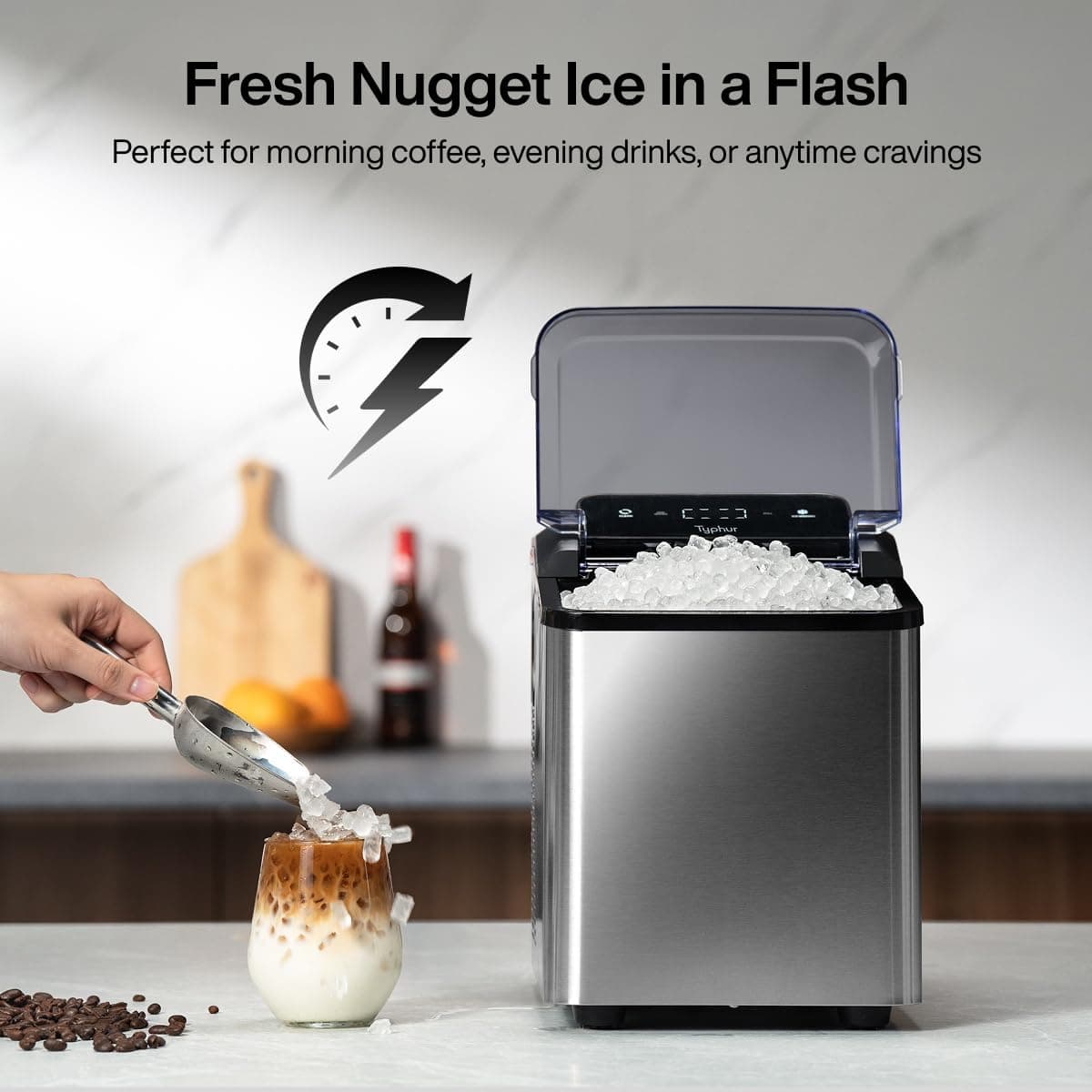 Typhur Fast Nugget Ice Maker Countertop with Self-Cleaning Pump, 35lbs/24H Crushed Pebble Ice Machine with Pellet Ice, 8 Packs Cleaner, Dual Ice Scoops for Home, Kitchen, Party, RV, Stainless Steel Piano Black - Image 3