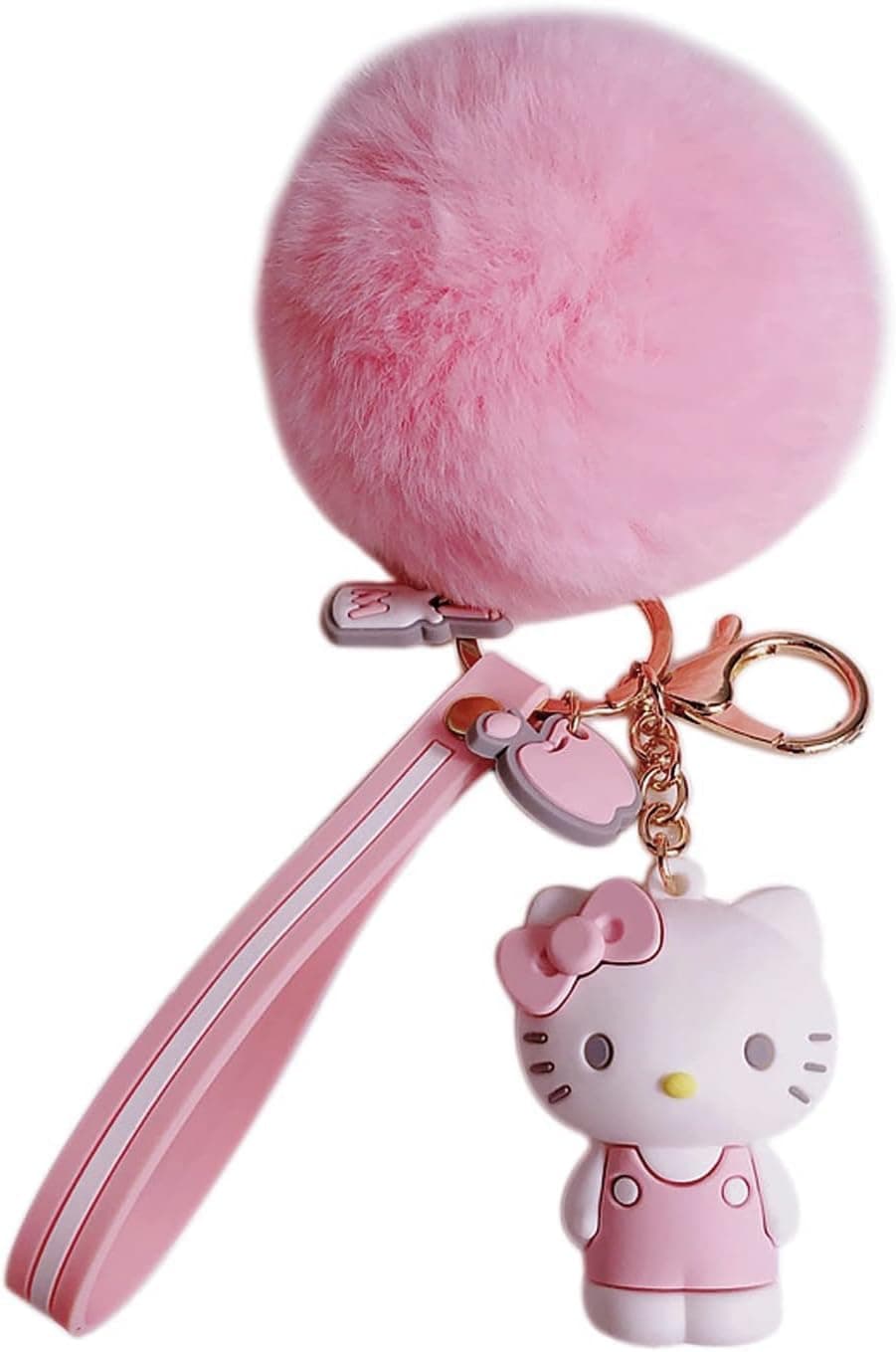 Cute Keychains for Girls, Kawaii Pom Pom Fuzzy Key Chain Accessories Wristlet Cartoon Keychain Pink208 - Image 2