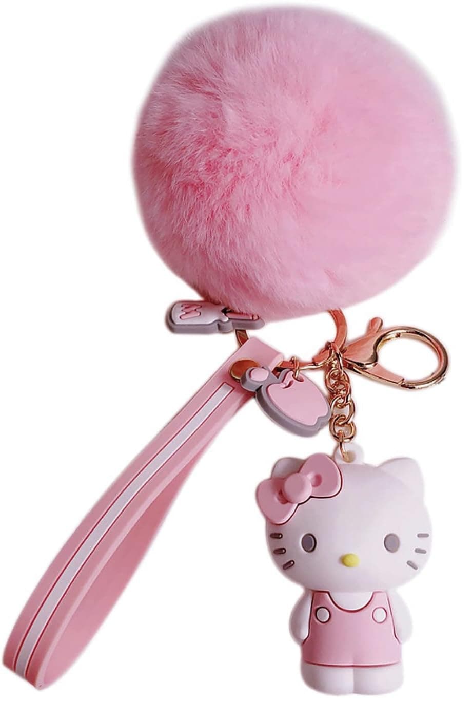 Cute Keychains for Girls, Kawaii Pom Pom Fuzzy Key Chain Accessories Wristlet Cartoon Keychain Pink208