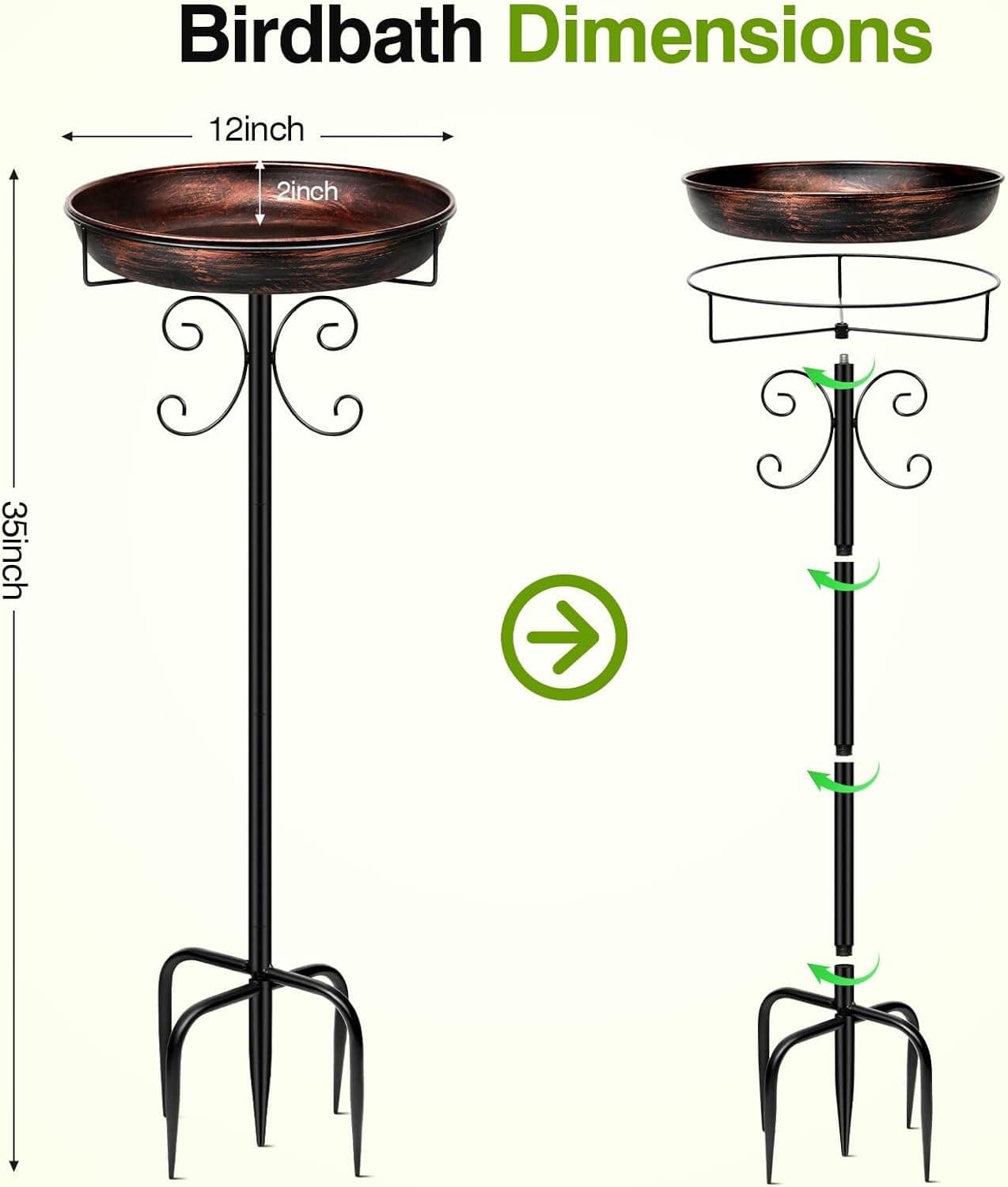 Daoeny 35In Metal Bird Bath for Outside, Vintage Freestanding Birdbaths & Birdfeeder, Bird Baths Feeder Bowl for Outdoors Garden Patio Yard Lawn Decor, Upgraded 5-Pronged Base (Antique Bronze) - Image 8