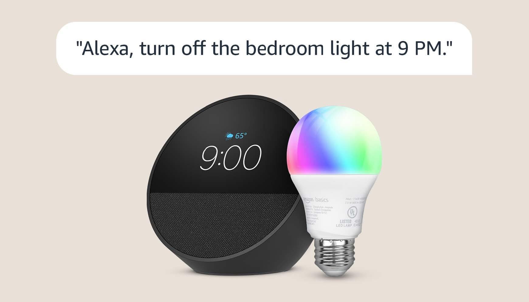 Echo Spot with Amazon Basics Smart Color Bulb Black