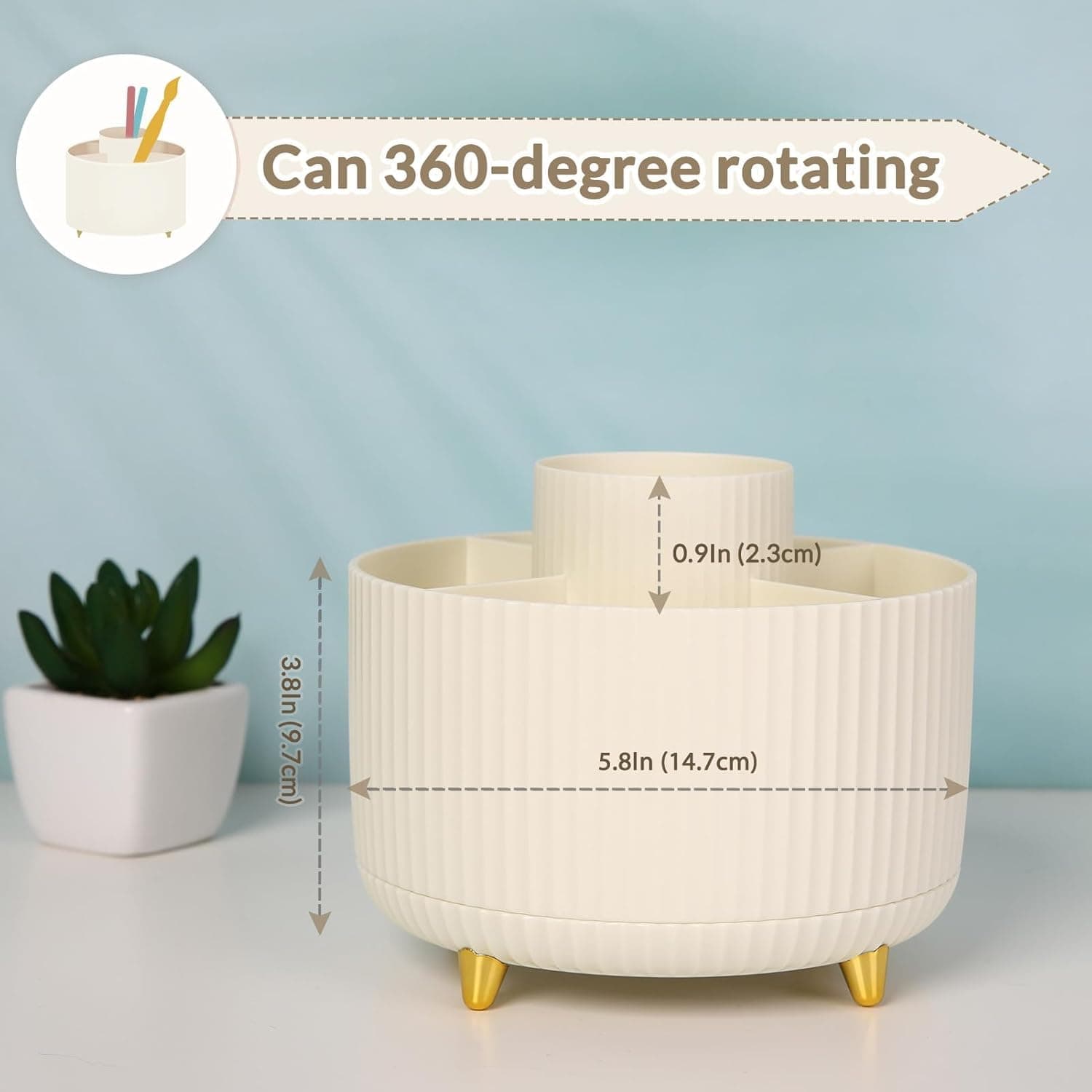 SKYDUE Organizador de Lápices de Plástico Rotativo 360 con 5 Compartimentos, Taza de Suministros de Arte de Doble Propósito para Oficina, Escuela, Hogar Beige_1Pack - Image 3