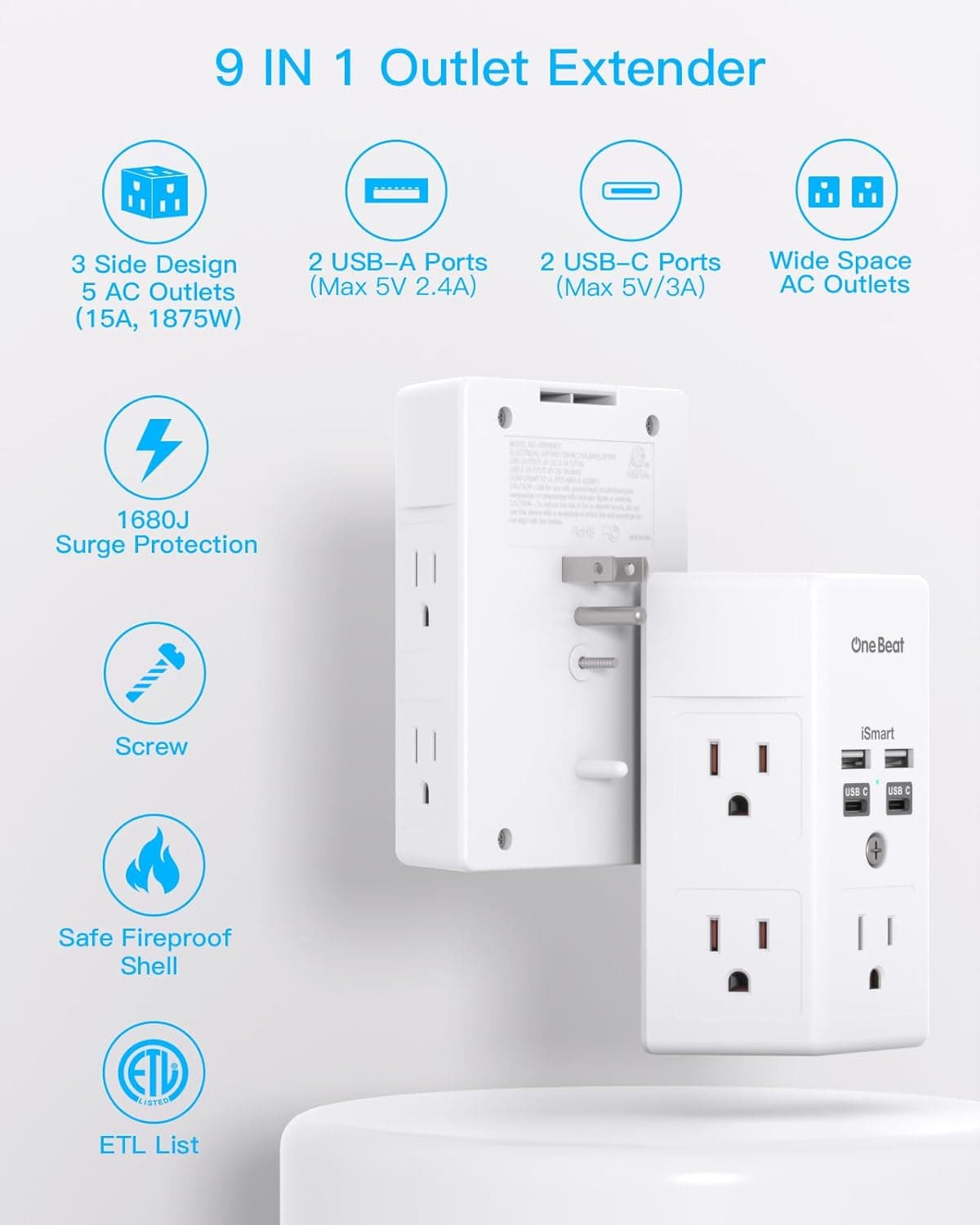 One Beat 1680J 3 Side Power Strip Multi Plug Expander, Surge Protector, 5 Outlets Extender, 4 USB Ports (USB C), Wall Mount Charger, Outlet Splitter Adapter for Home, Travel, Office, ETL Listed, White 15.5W,1Pack,None White - Image 3