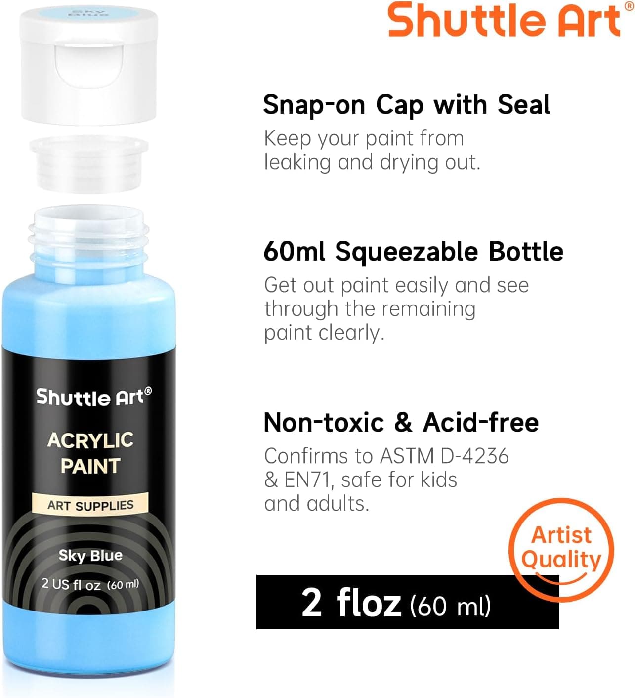 Shuttle Art Acrylic Paint Set, 36 Colors Acrylic Paint with Brushes & Palette, 2oz/60ml Bottles, Rich Pigments Non-toxic for Artists Kids & Adults, Painting on Canvas Rock Ceramic Wood Regular 2 Fl Oz (Pack of 36) - Image 4