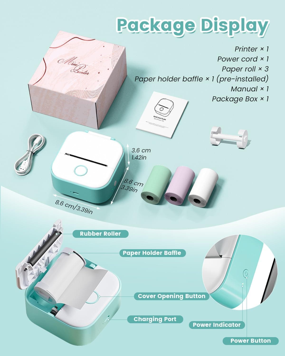 Memoking Mini Printer - T02 Sticker Printer Print Pods Portable Thermal Inkless Sticker Maker Bluetooth Pocket Impresora Portátil Instant Print for School Office Home for Study Note,Journal,DIY,Gift Green 1 Printer + 3 Rolls Paper - Image 9