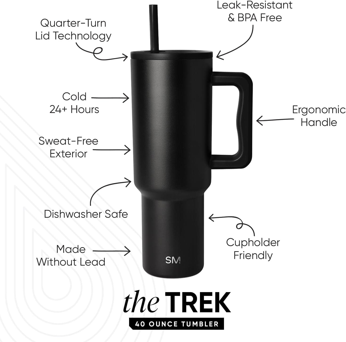 Simple Modern 40 oz Trek Tumbler with Handle and Straw Lid | Cup Holder Friendly Insulated Stainless Steel Travel Mug | Midnight Black - Midnight Black 40 Ounces - Image 2