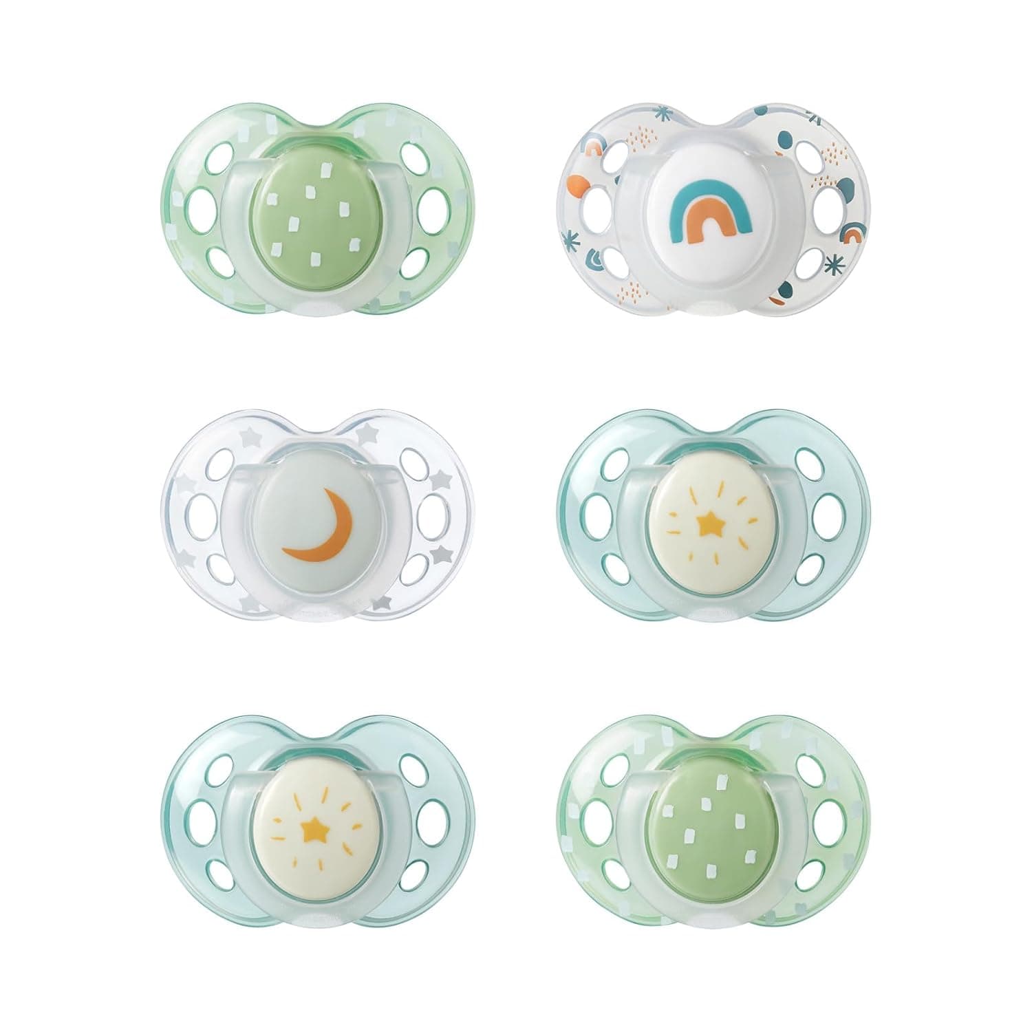 Tommee Tippee Night Time Pacifier, 18-36 Months, Symmetrical Silicone Baglet, BPA-Free Binkies, Glow in The Dark Technology, Green Rainbow, Pack of 6 Green Rainbow 18-36 Month (Pack of 6) - Image 2