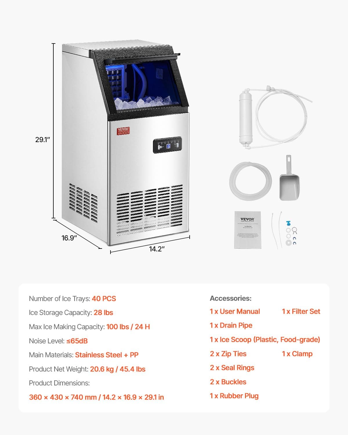 VEVOR Commercial Ice Maker, 100lbs/24H Ice Maker Machine with 28lbs Storage Capacity, 40 Ice Cubes in 15 Minutes, Freestanding Ice Maker for Bar Home Office Restaurant, LED Display, Self-Cleaning - Image 8