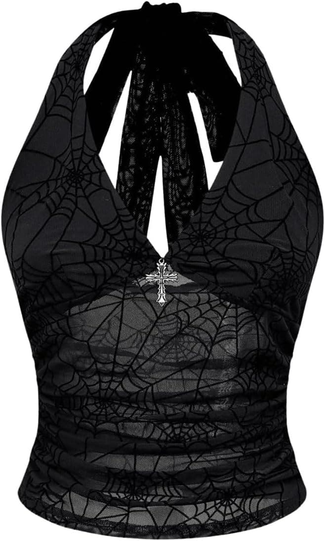Verdusa Women's Y2k Gothic Goth Halter Top Mesh Sheer Backless Crop Tops Emo Grunge Witchy Clothes Halloween Costumes Large Black - Image 2