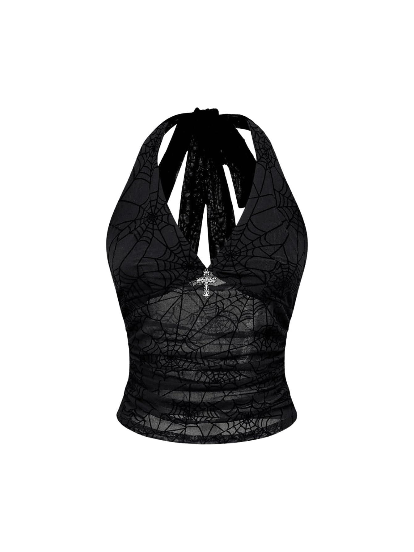 Verdusa Women's Y2k Gothic Goth Halter Top Mesh Sheer Backless Crop Tops Emo Grunge Witchy Clothes Halloween Costumes Large Black