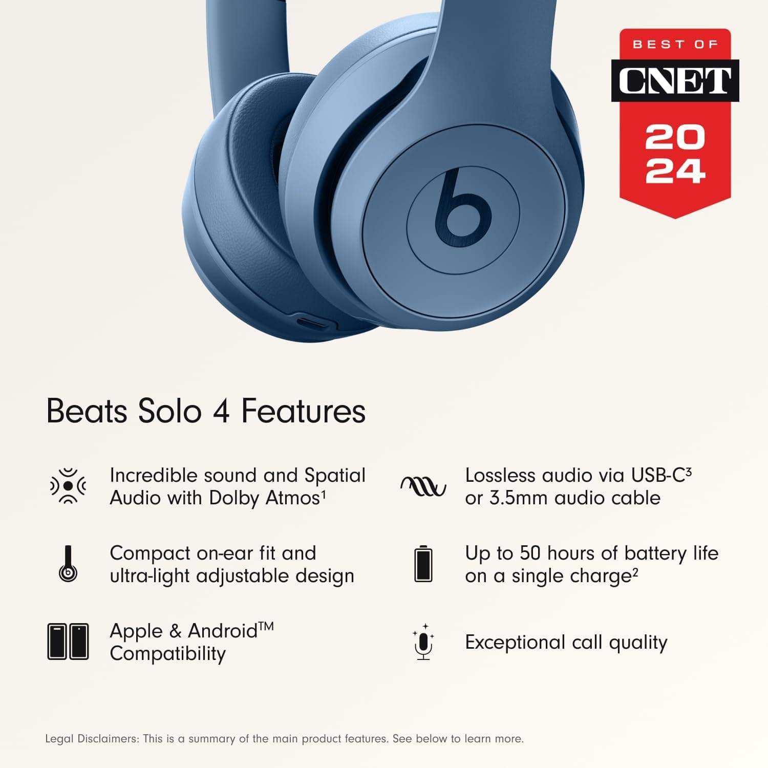 Beats Solo 4 - Wireless On-Ear Bluetooth Headphones, Up to 50-Hour Battery Life, Ultra-Lightweight Comfort, Powerful and Balanced Sound, Apple & Android Compatible - Slate Blue Slate Blue Standalone - Image 3