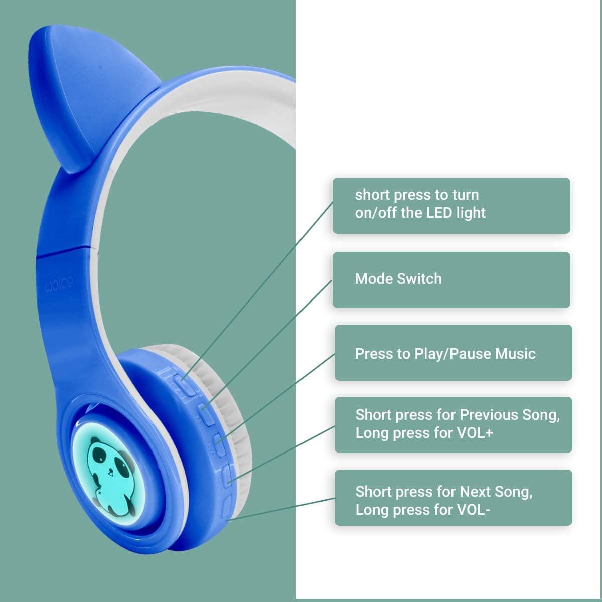 Woice Wireless Bluetooth Kids Headphones, LED Flashing Lights, Music Sharing Function, 85db Volume Limited, Over-Ear and Build-in Mic Wireless/Wired Children Headphones for Boys Girls (Blue) - Image 7
