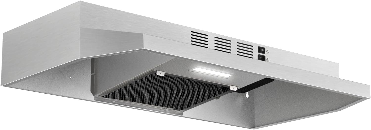 Range Hood 30 inch Under Cabinet, Stainless Steel Kitchen Vent Hood 280CFM, Built-in Kitchen Stove Hood w/Rocker Button Control, Ducted/Ductless Convertible Duct, 2 Speeds Fan, Bright LED Light 30 inch Stainless Steel - Image 2