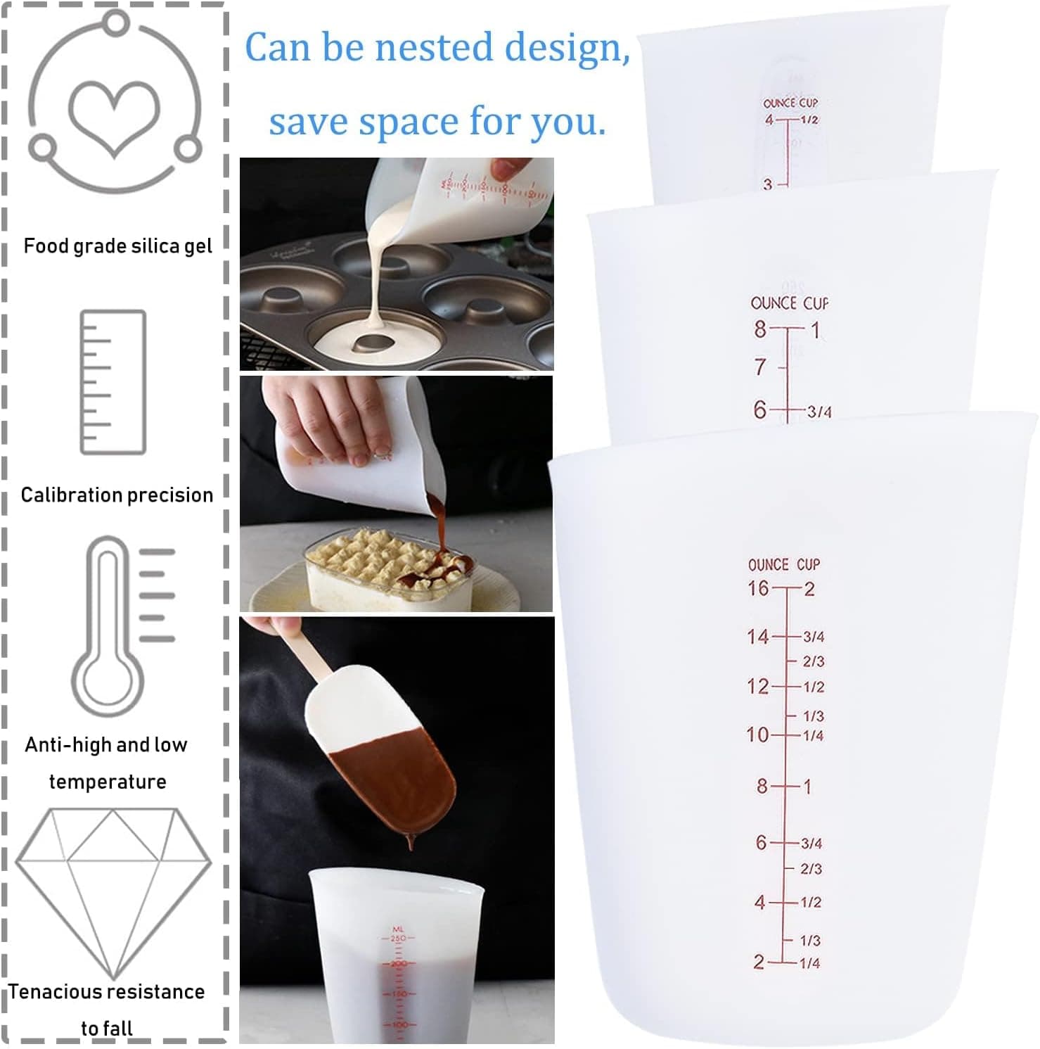 3 PCS Silicone Flexible Measuring Cups,Melting Cups for Epoxy Resin,Butter,Chocolate and More,2 Cup&1 Cup&1/2 Cup,Squeeze and Pour Silicone Measuring Cup with Marking Ounce/ML - Image 6