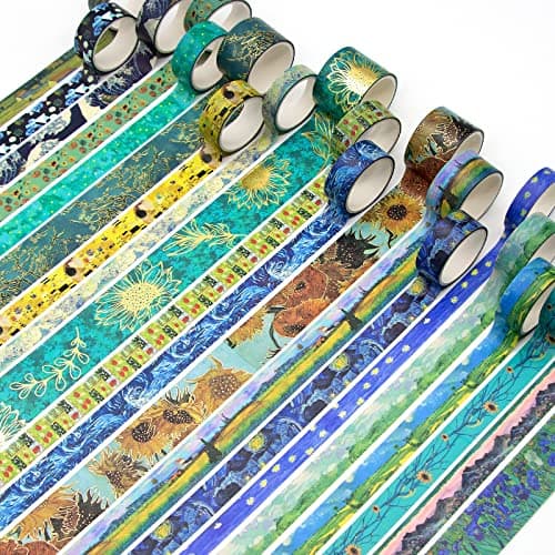 Geesinimo Washi Tape Set, 36 Rolls Van Gogh Vintage Gold Washy Tape, Wide Decorative Tape for Journaling, Scrapbooking Supplies,Vision Board Supplies, 6 Sizes Craft Watercolor Tape - Image 4