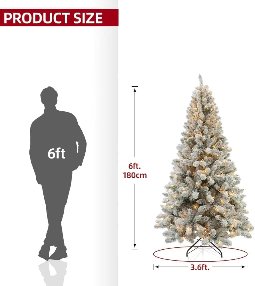 Prelit Christmas Tree With Lights 6ft - Premium Snow Flocked Artificial Xmas Tree, With 874 Branch Tips and 250 Warm Lightsm, Support Automatique,Perfect Choice for Christmas Decorations,White - Image 5