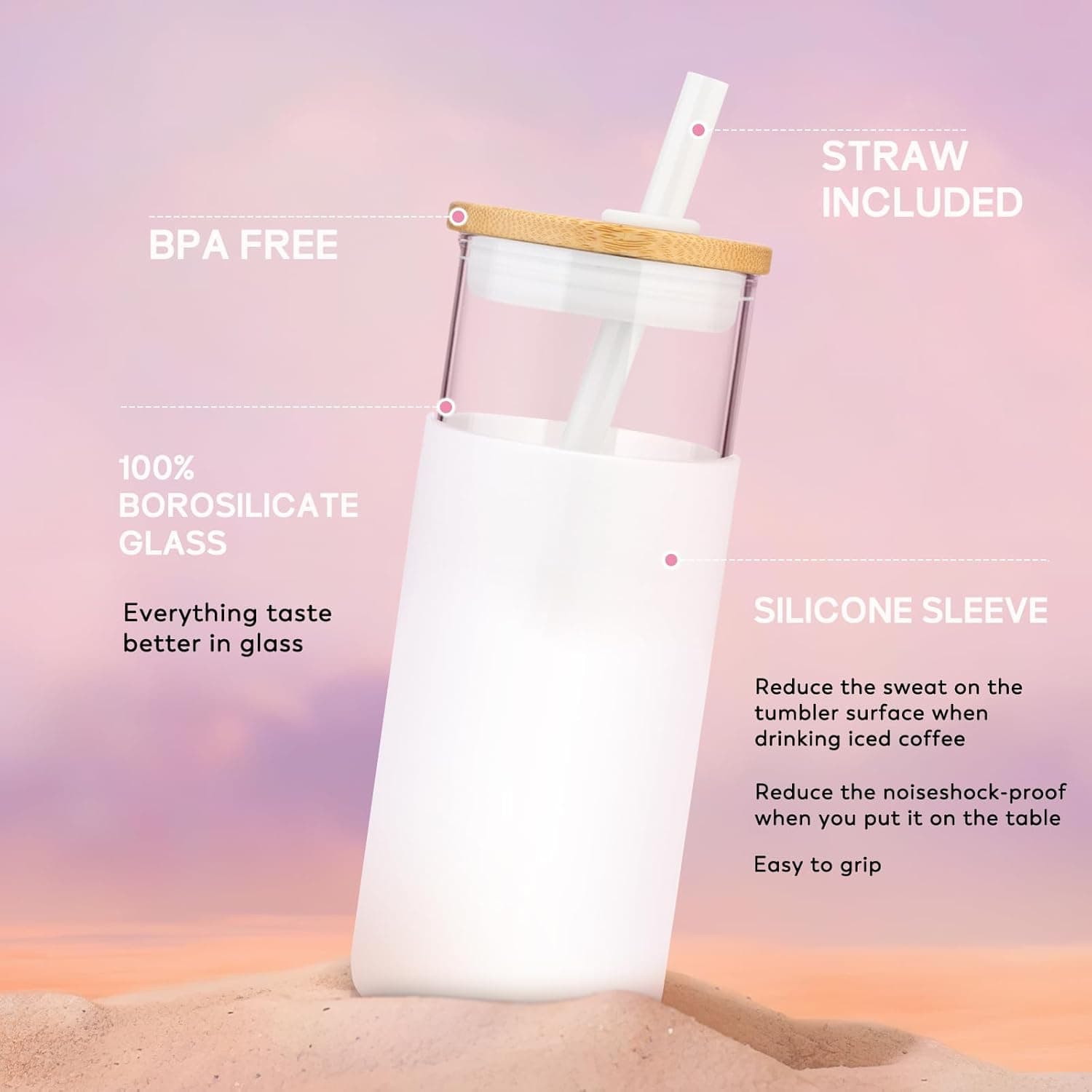 Tronco 20 oz Glass Tumbler with Lid and Straw, Iced Coffee Cup and Smoothie Cup with Bamboo Lids & Protective Silicone Sleeve, Dishwasher Safe, BPA-Free, Glass Cup 1 Pack Amber 20 Ounces - Image 4