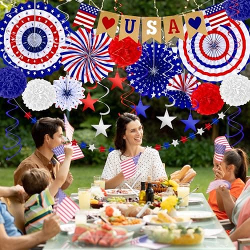 26 PCS 4th of July Decorations, Red White Blue Paper Fans in Patriotic Designs, 4th of July Banner Pompom Star Garland and Hanging Swirls Set for Fourth of July Independence Day Party Supplies Decor - Image 5