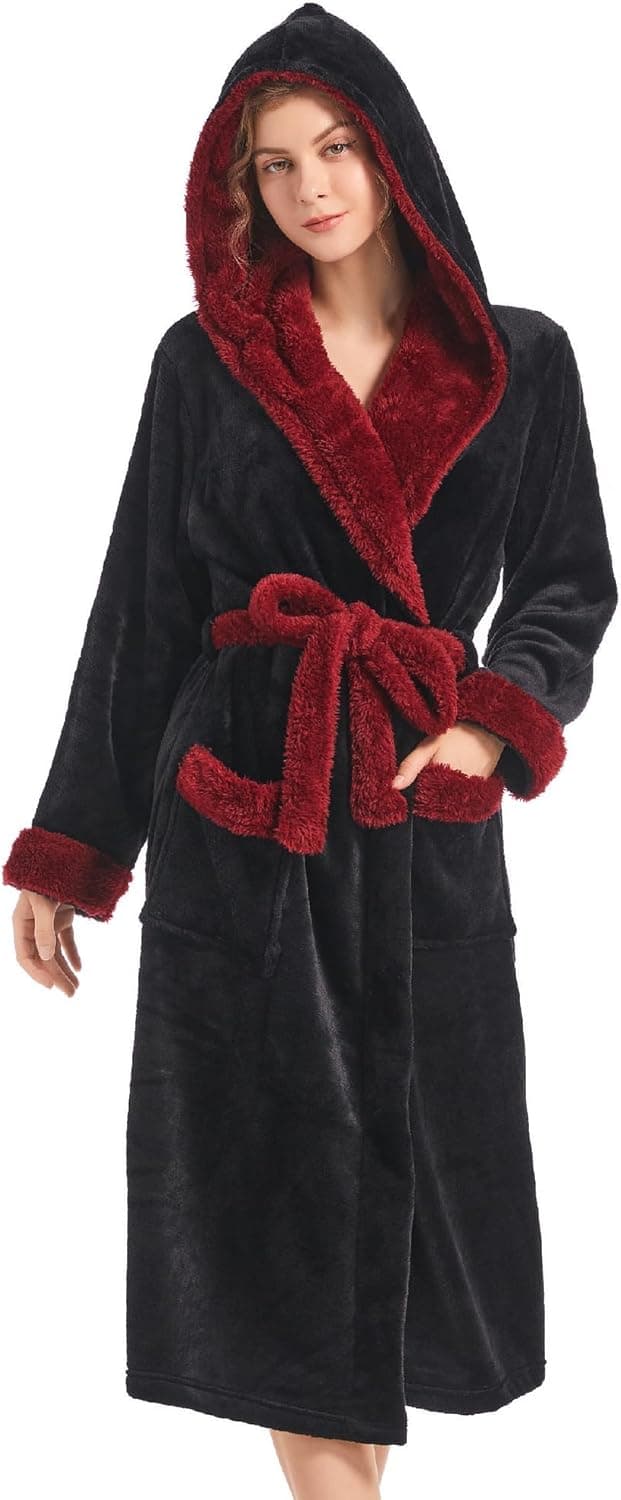 Inner Wish Women Hooded Plush Robe, Fleece Cozy Warm Bathrobe Small-Medium Black+burgundy - Image 2
