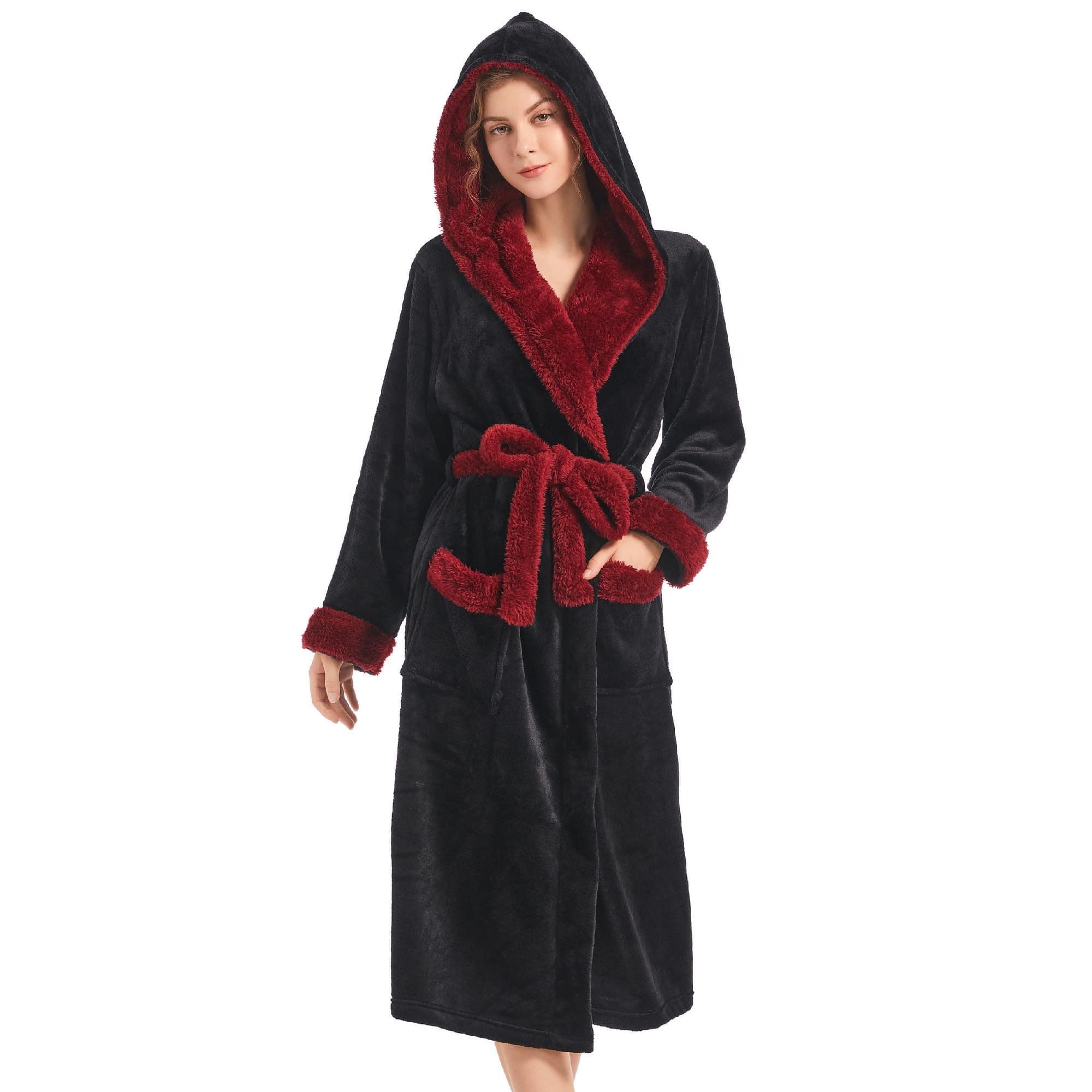 Inner Wish Women Hooded Plush Robe, Fleece Cozy Warm Bathrobe Small-Medium Black+burgundy