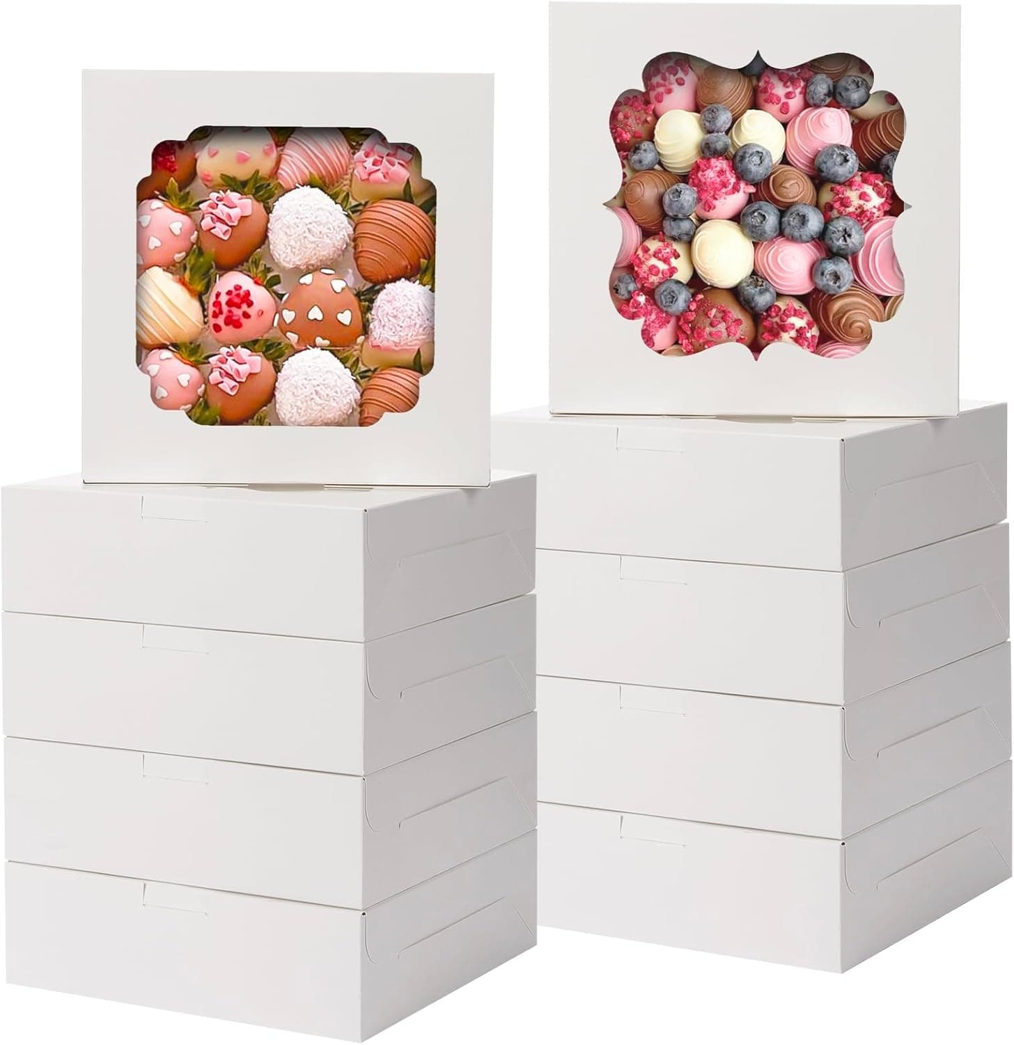 TOMNK 60pcs Cookie Boxes, 8x8x2.5 Inches Bakery Boxes with 2 Style Windows for Chocolate Strawberries, Pie, Pastry, Dessert, Cake - Image 2