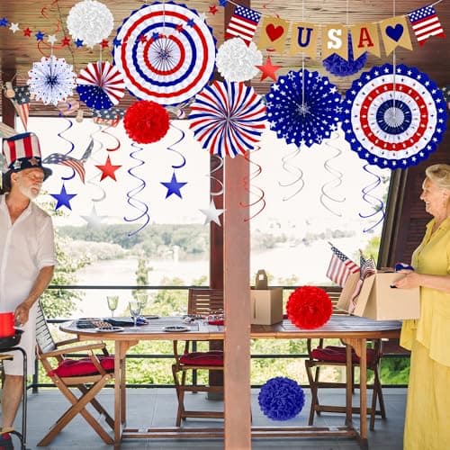 26 PCS 4th of July Decorations, Red White Blue Paper Fans in Patriotic Designs, 4th of July Banner Pompom Star Garland and Hanging Swirls Set for Fourth of July Independence Day Party Supplies Decor - Image 9