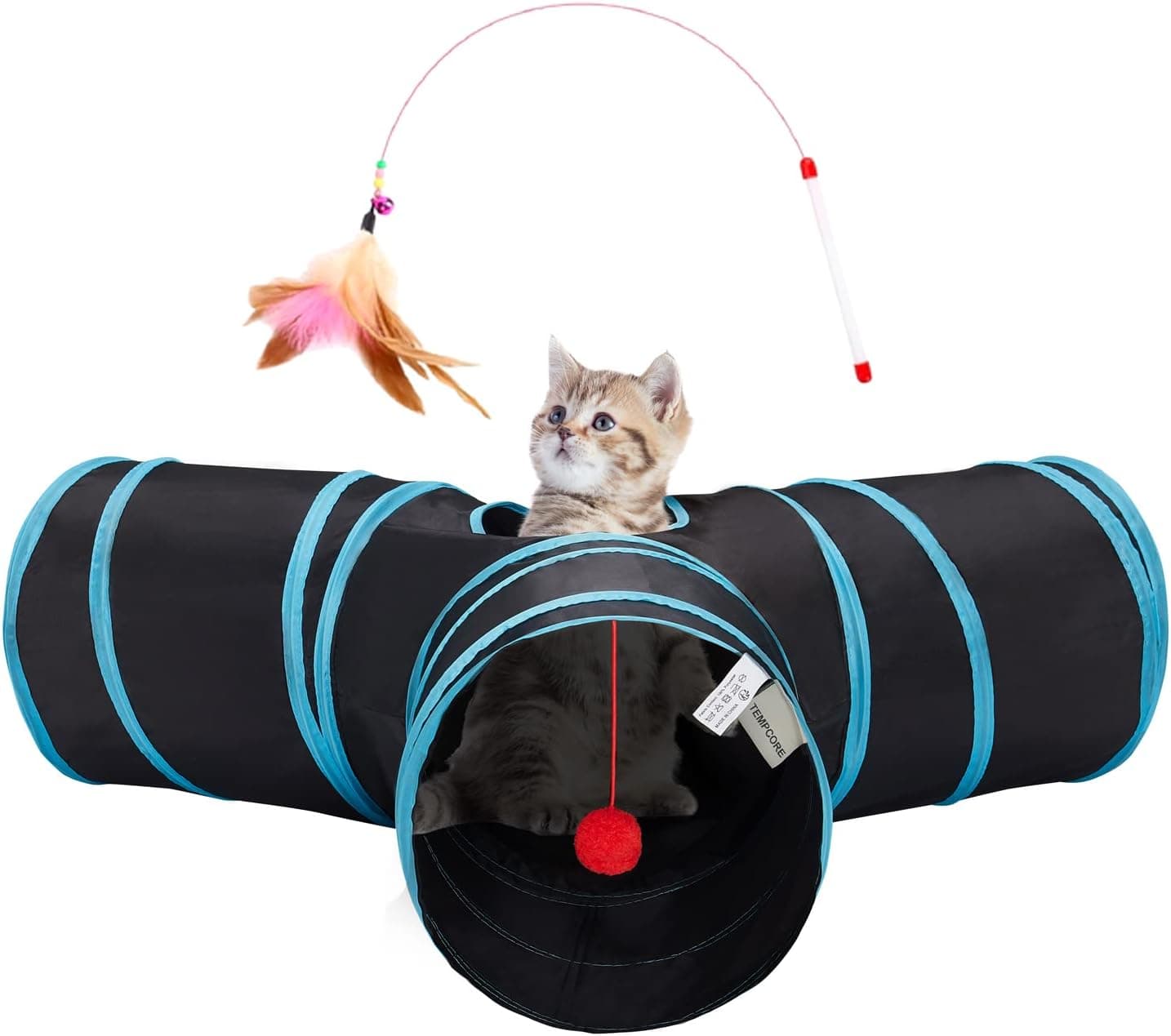 Tempcore Pet Cat Tunnel Tube Cat Toys 3 Way Collapsible, Tunnels for Indoor Cats，Kitty Bored Peek Hole Toy Ball Cat, Puppy, Kitty, Kitten, Rabbit 3-Way 3-Way Blue - Image 2
