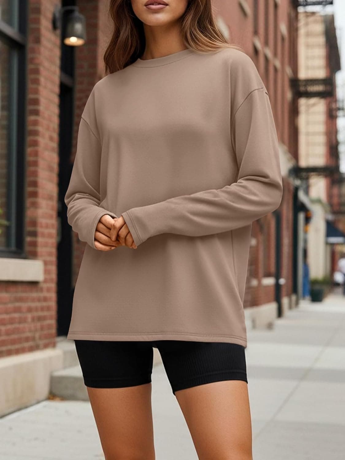 Trendy Queen Womens Oversized Long Sleeve T Shirts 2025 Basic Crewneck Tee Fall Tops Casual Workout Y2K Clothes Khaki Medium - Image 3