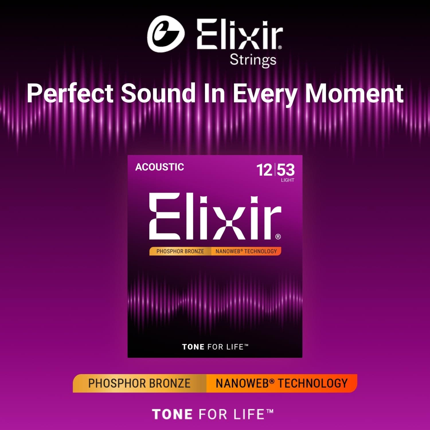 Elixir Strings, Acoustic Guitar Strings, Phosphor Bronze with NANOWEB Coating, Longest-Lasting Rich and Full Tone with Comfortable Feel, 6 String Set, Light 12-53 Single Pack Light 12-53 - Image 4