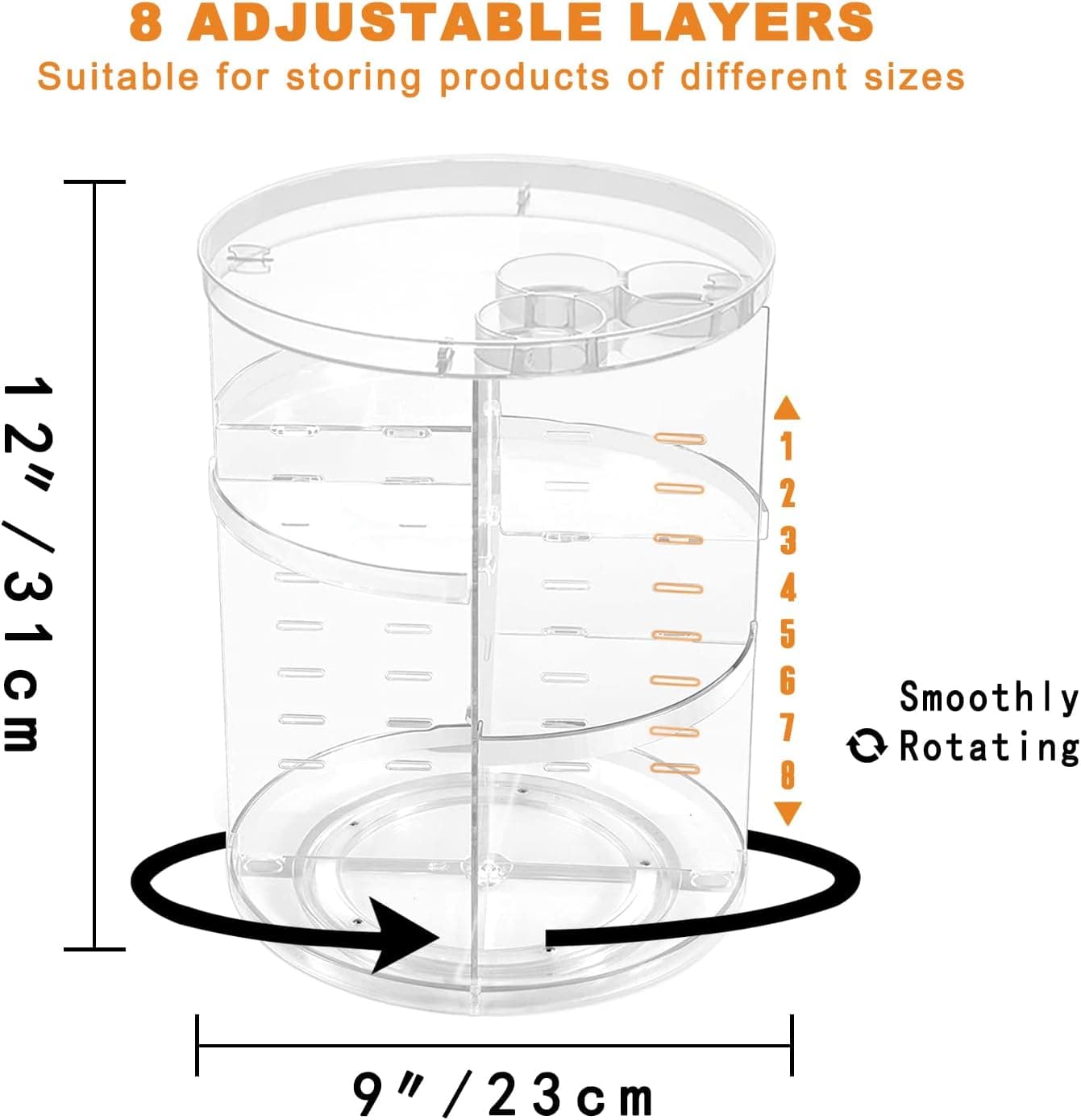 Rotating Makeup Organizer, DIY 8 Adjustable Layers Spinning Skincare Organizer, Cosmetic Display Case with Brush Holder Perfume Tray, Multi-Function Storage Carousel for Vanity Bathroom Countertop Clear - Image 4