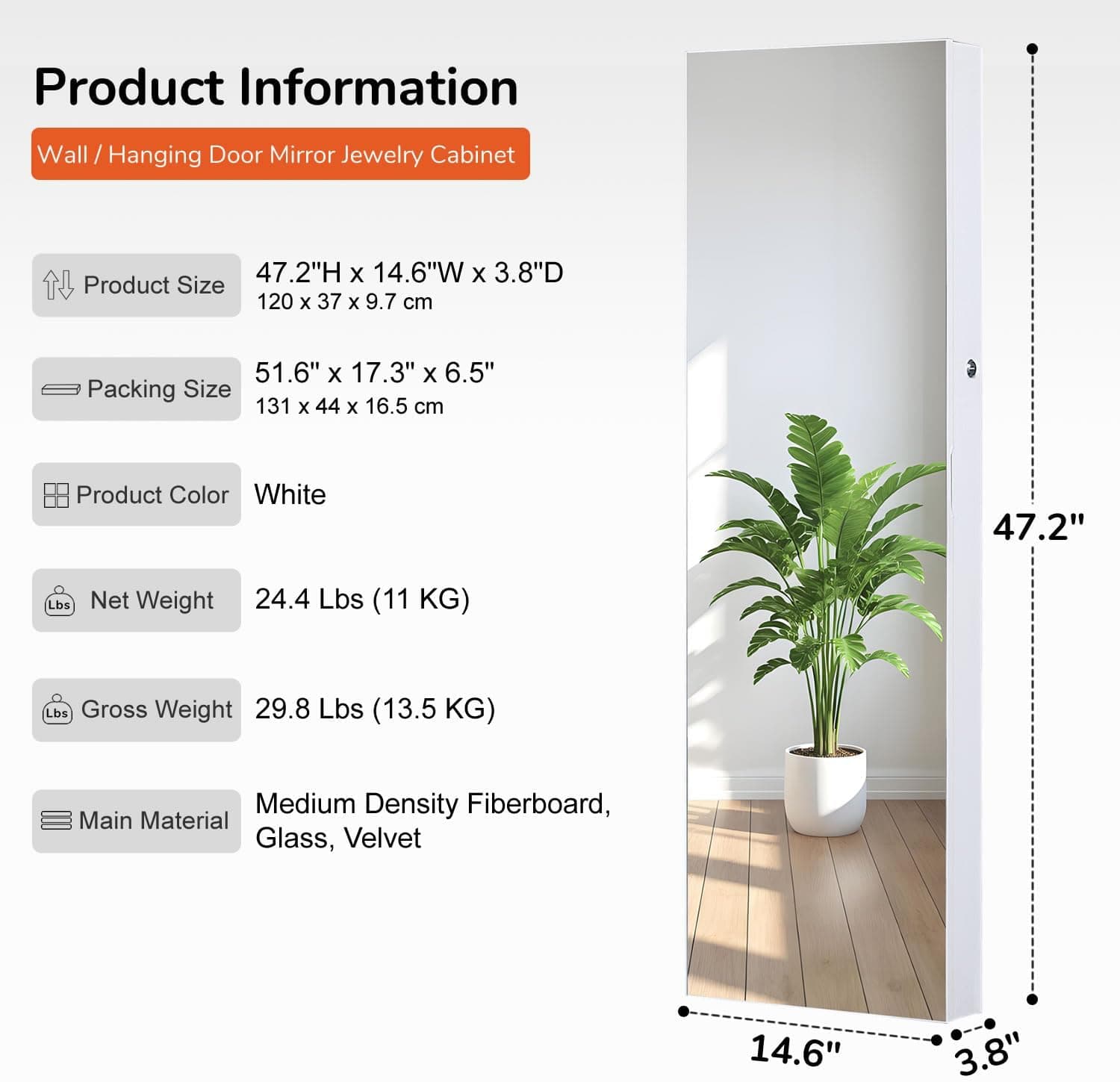 GISSAR Mirror Jewelry Cabinet, LED Lights Wall Mount Door Hanging Full Length Jewelry Organizer Armoire with Built-in Makeup Mirror and Jewelry Storage, Large Capacity Lockable Jewelry Armoire, White - Image 6