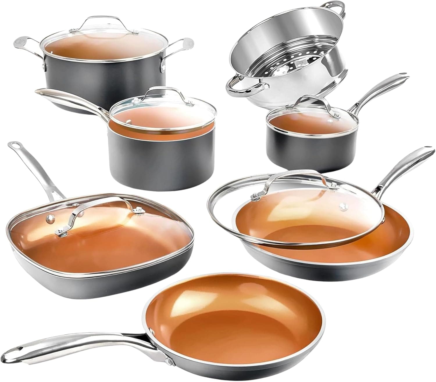 Gotham Steel 12 Pc Ceramic Cookware Set Nonstick, Ceramic Pots and Pans Set Non Stick with Steamer for Cooking, Non Toxic PFOA PFOS Free, Ergonomic Stay Cool Handles, Oven & Dishwasher Safe, Copper 12 Piece Set - Image 2