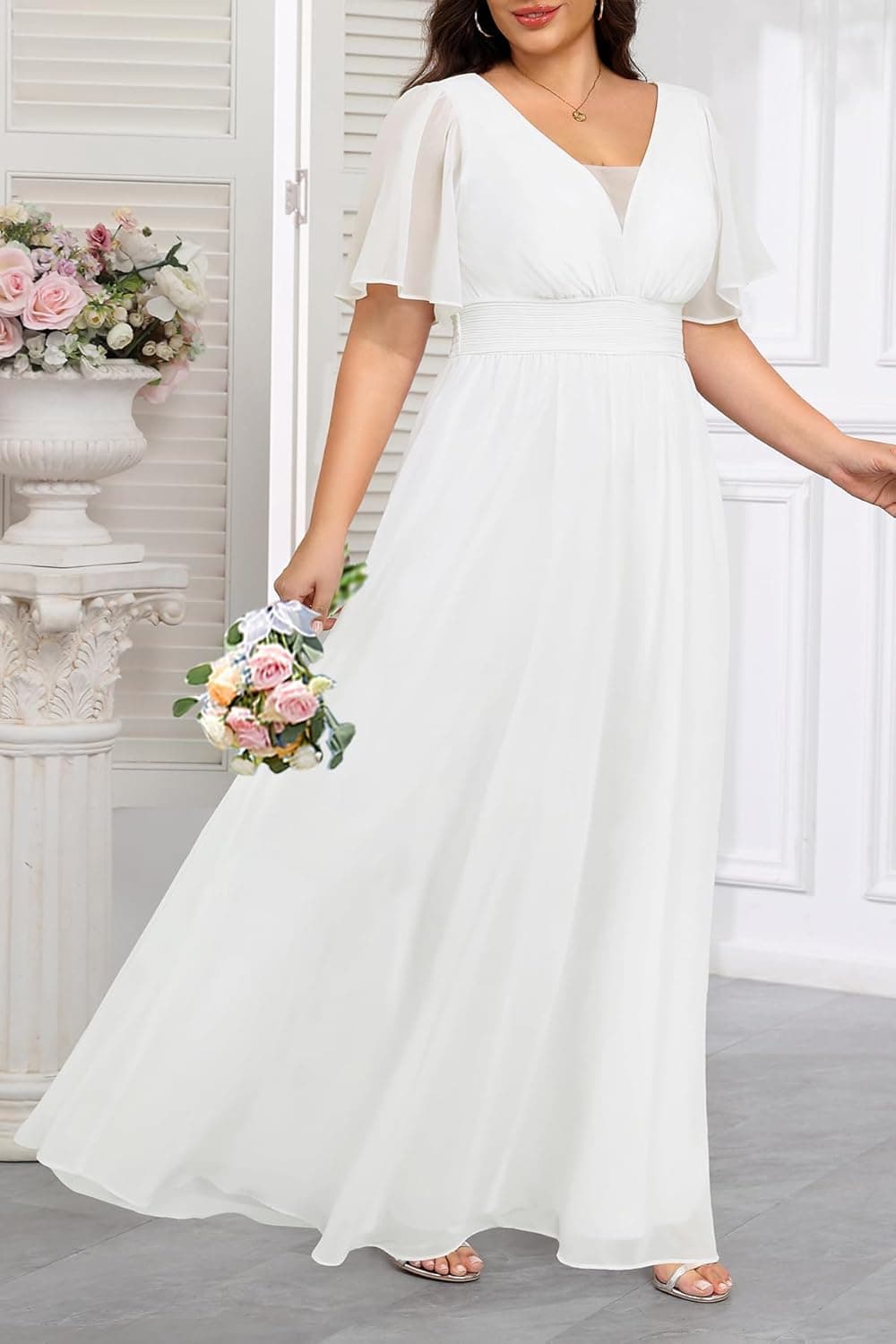 Plus Size Formal Dresses - V Neck Flutter Sleeves Evening Gowns Bridesmaid Wedding Guest Chiffon Long Maxi Dress White 18 Plus - Image 3