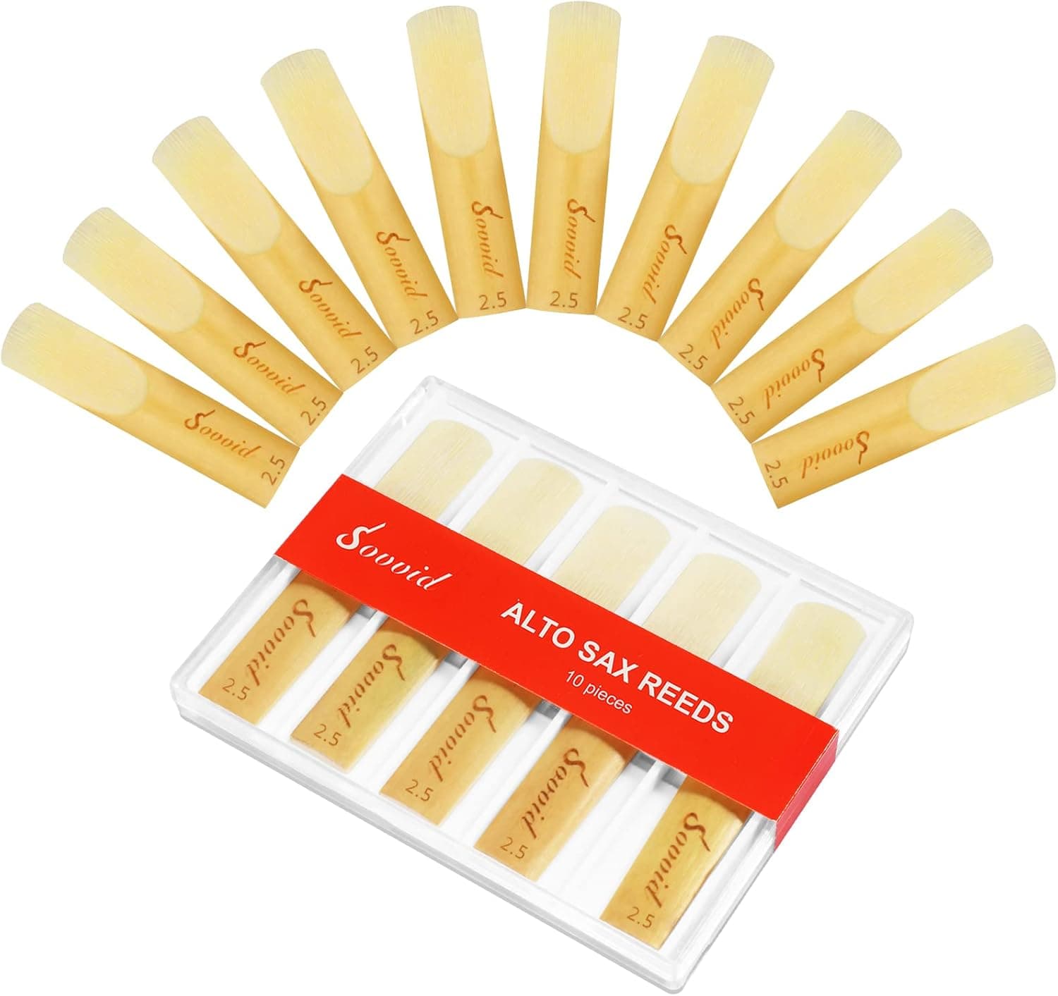 10 Pack Professional Alto Saxophone Reeds with Plastic Box, Strength 2.5 Alto Sax Reeds, Laser Engraved Marking & Thinner Reed Tip for Easy of Play, Traditional Reeds for Saxophone Alto Strength 2.5 Light Brown - Image 2