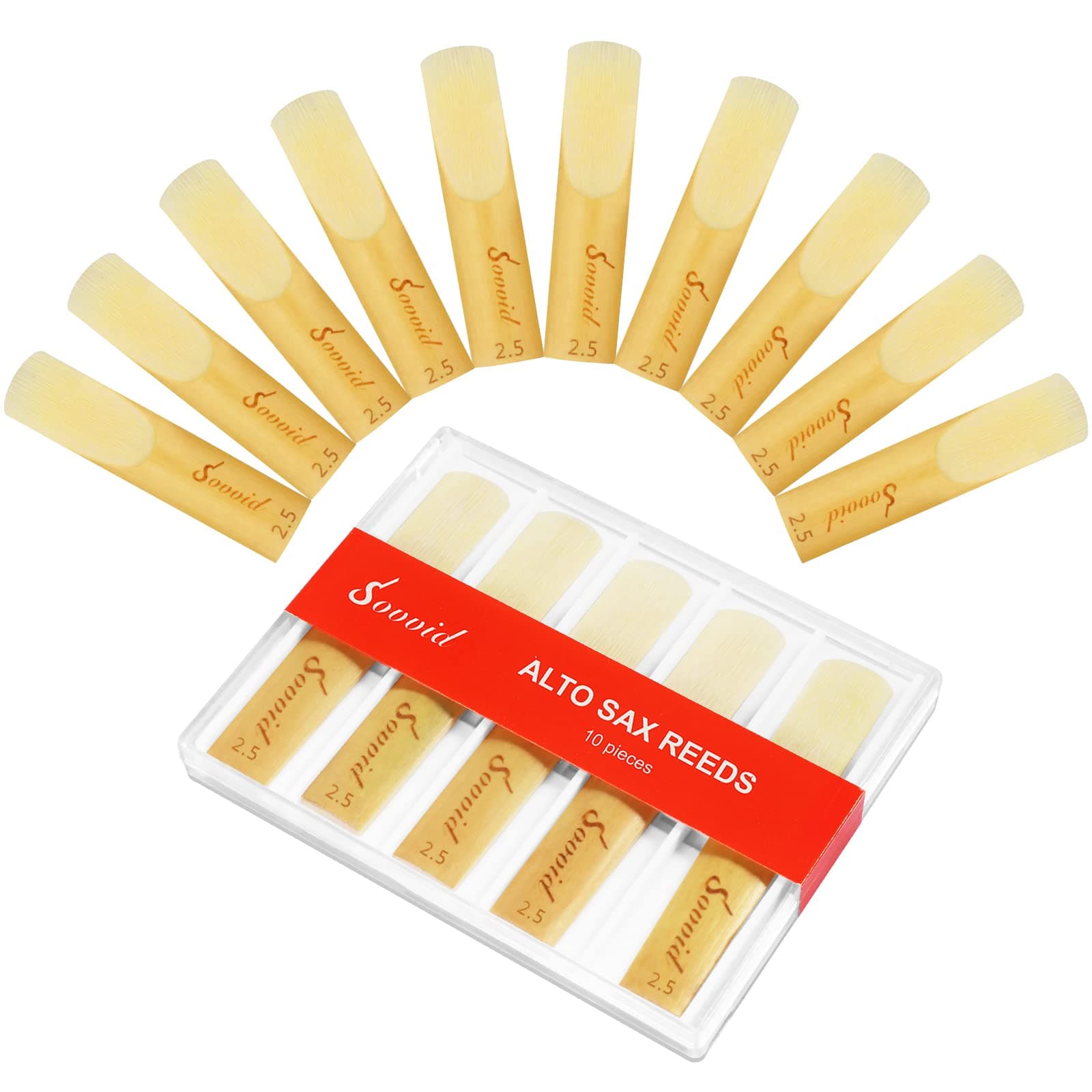 10 Pack Professional Alto Saxophone Reeds with Plastic Box, Strength 2.5 Alto Sax Reeds, Laser Engraved Marking & Thinner Reed Tip for Easy of Play, Traditional Reeds for Saxophone Alto Strength 2.5 Light Brown