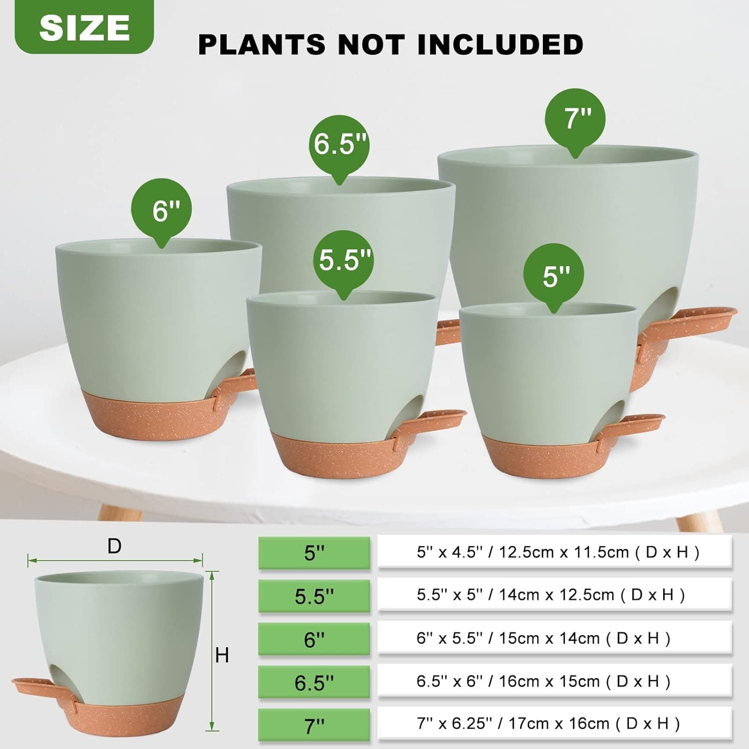Plant Pots Indoor 7/6.5/6/5.5/5 Inch Self Watering Planters for Indoor Plants with Drainage Hole, Plastic Flower Pots for Succulents, African Violet (Green) Green-5pack 7/6.5/6/5.5/5 inch - Image 5