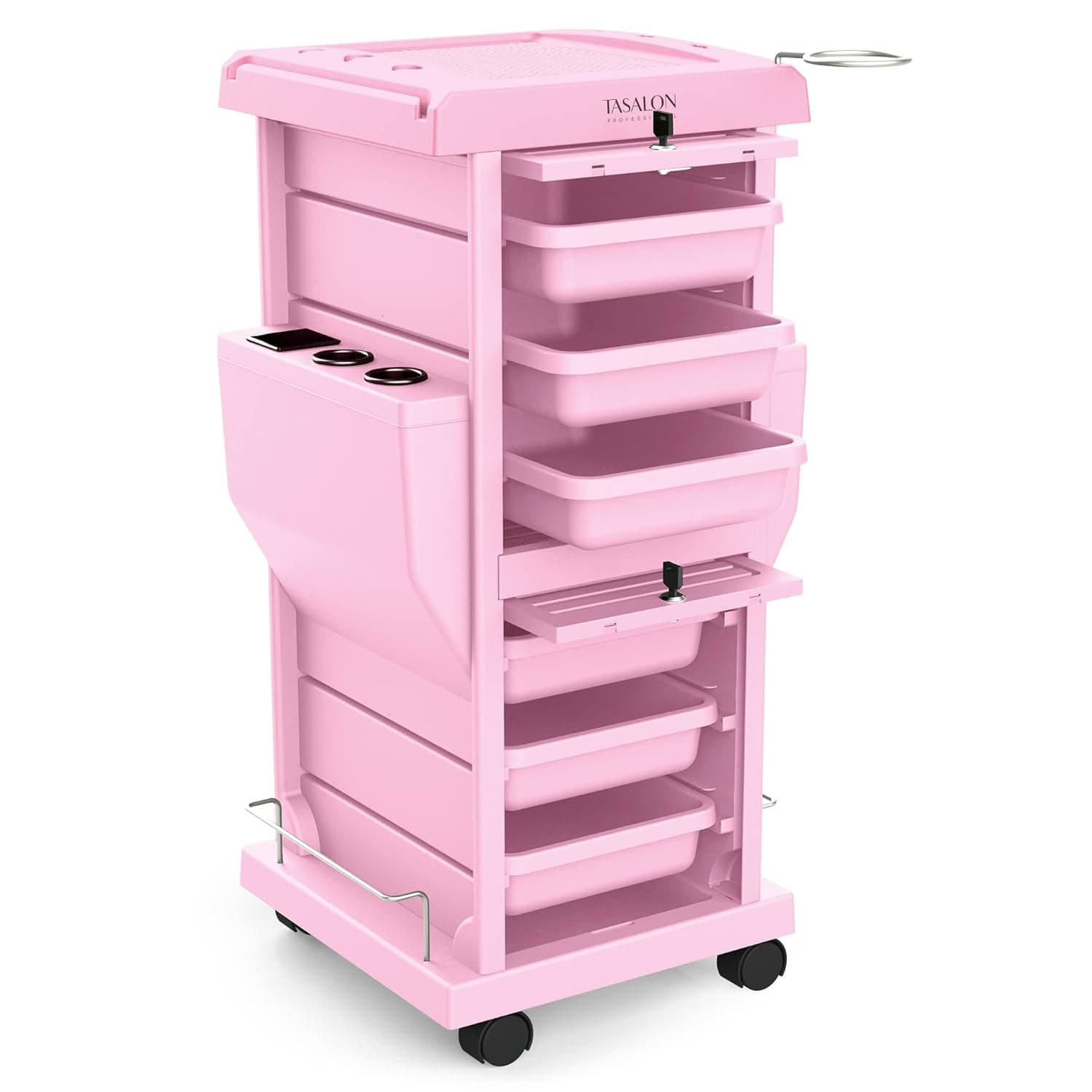 TASALON Professional Salon Trolley Cart, Lockable 6 Trays & 2 Holders, Space Saving Mobile Storage for Hair Salon and Beauty Station​ - Pink - Image 2