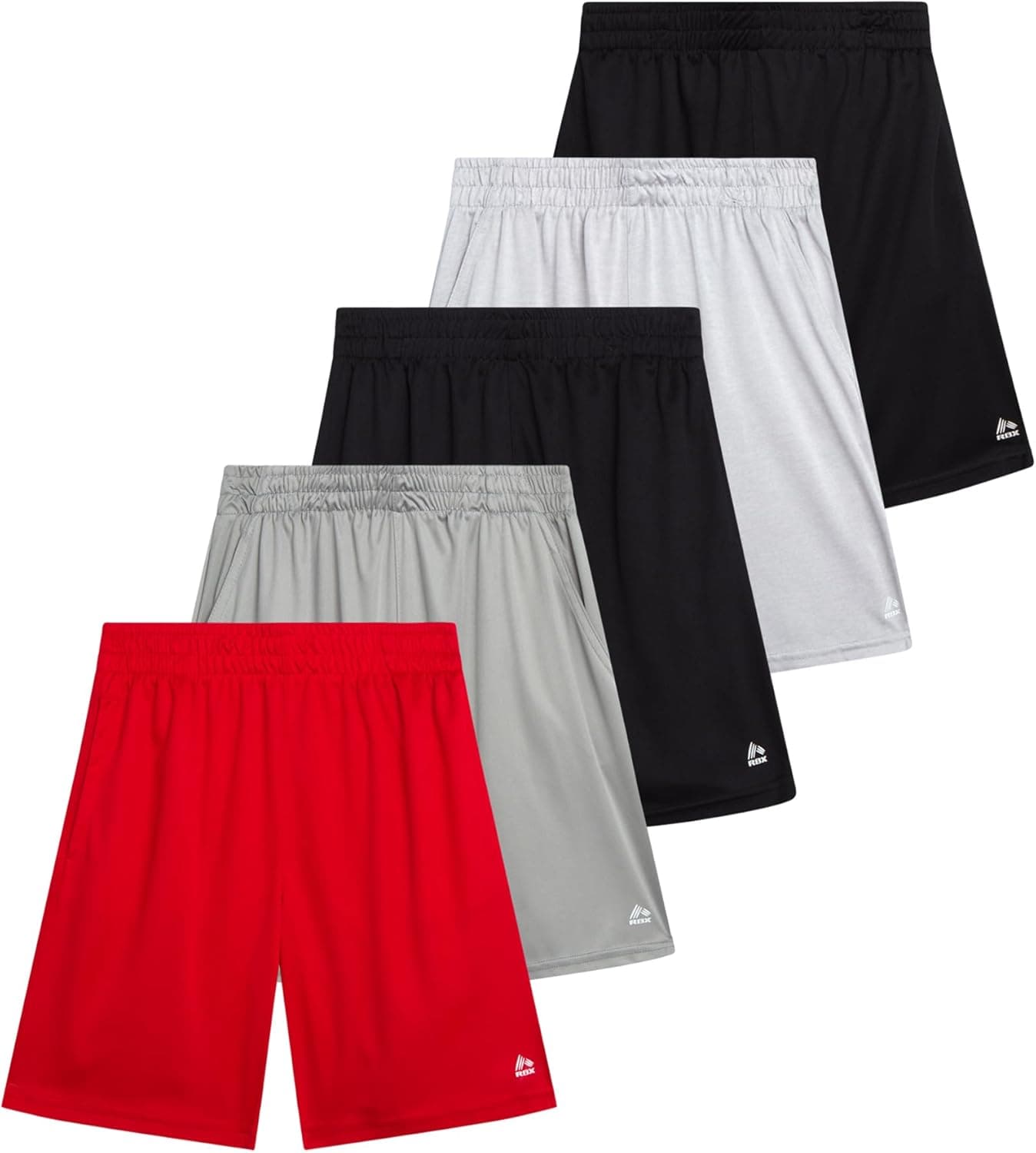 RBX Boys Athletic Shorts - 5 Pack Breathable Performance Mesh Boys Basketball Shorts with Pockets Youth Kids Gym Activewear Griffin Red Grey Black 14-16 - Image 2