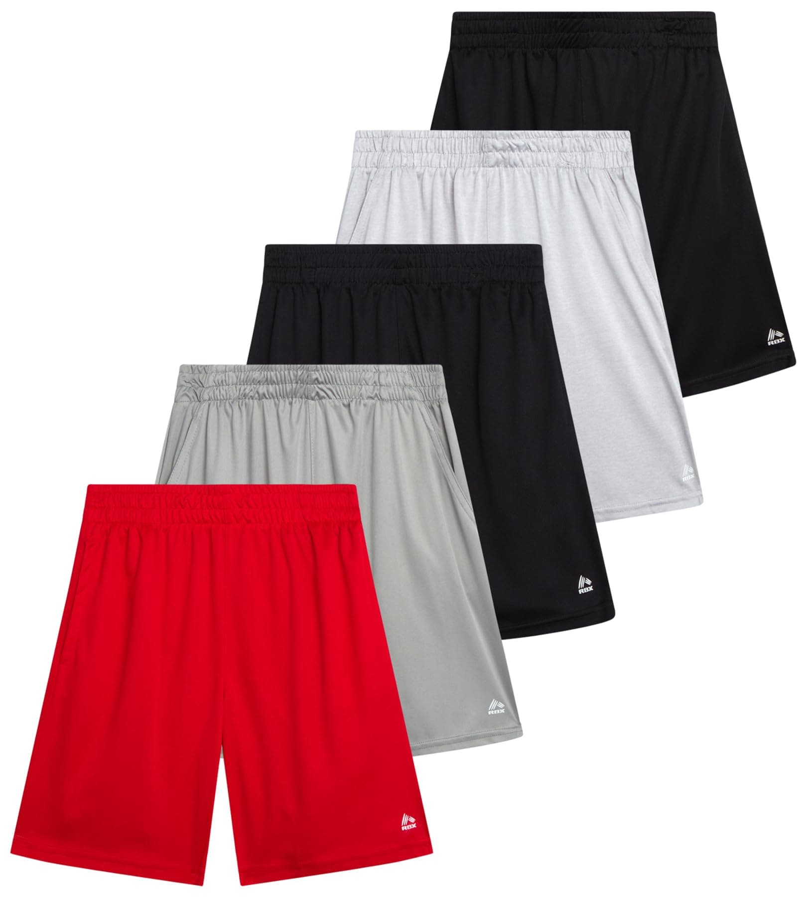 RBX Boys Athletic Shorts - 5 Pack Breathable Performance Mesh Boys Basketball Shorts with Pockets Youth Kids Gym Activewear Griffin Red Grey Black 14-16