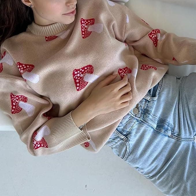 Apvirdy Mushroom Sweater Women Crewneck Long Sleeve Knit Sweater Loose Cute Graphic Pullover Sweater Apricot Mushroom Sweater Small - Image 6