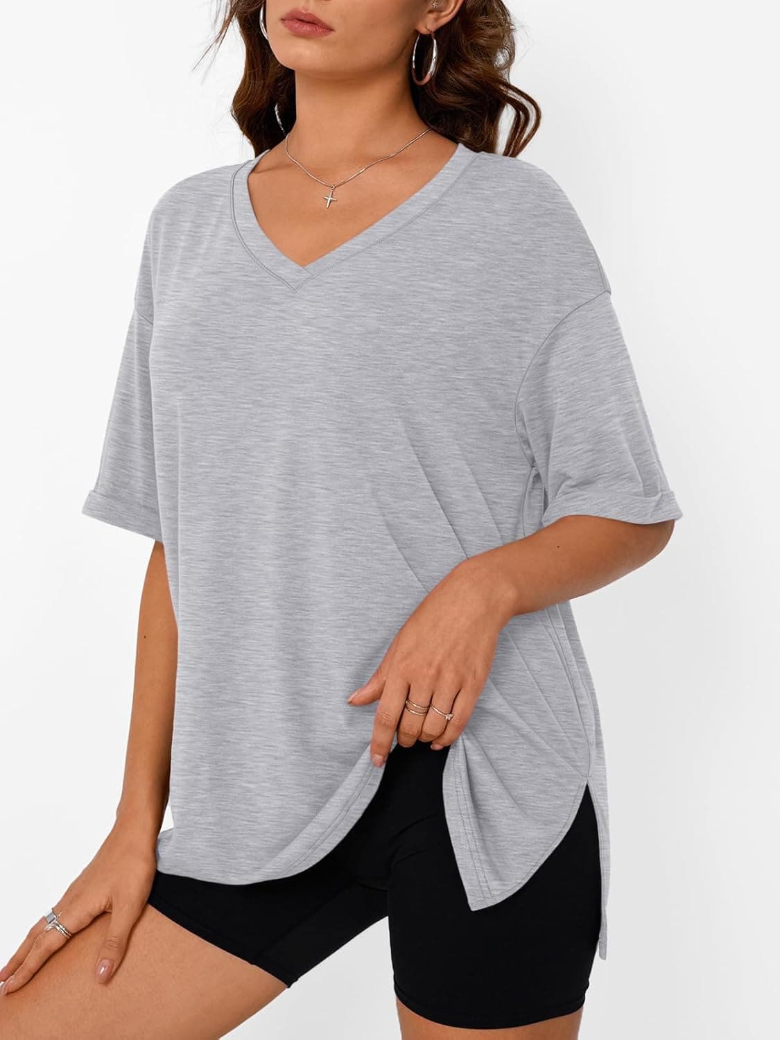 Trendy Queen Oversized Tshirts for Women Workout Plus Size Tops V Neck Short Sleeve Gym Shirts Casual Loose Fit Basic Tees Grey XX-Large - Image 4