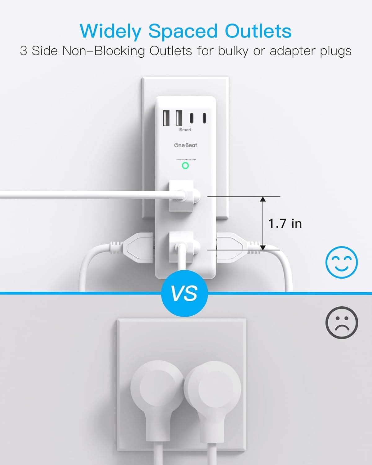 Surge Protector Outlet Extender - with Rotating Plug, 6 AC Multi Plug Outlet with 4 USB Ports (2 USB C), 1800J Wall Charger, 3-Sided Power Strip with Spaced Outlet Splitter for Home, Office, Travel 2C2A, 1 Pack White - Image 7