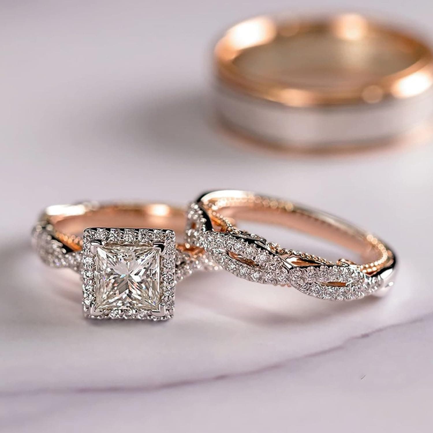 Engagement rings for couples set,3 pc His and Her Wedding Ring Set, Hypoallergenic Rose Gold Ring Set, Cubic Zirconia Bride Promise Rings Set,size 6-10 Size 8 - Image 4