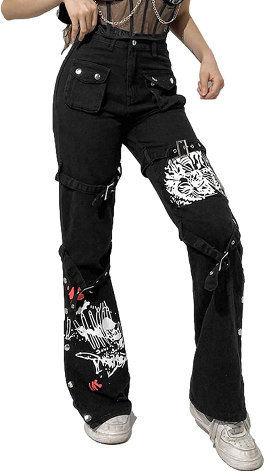 Women Y2k Jeans Grunge Gothic Tripp Pants Punk Goth Pants Vintage Baggy Denim Jeans Trousers Streetwear Large A#black - Image 4