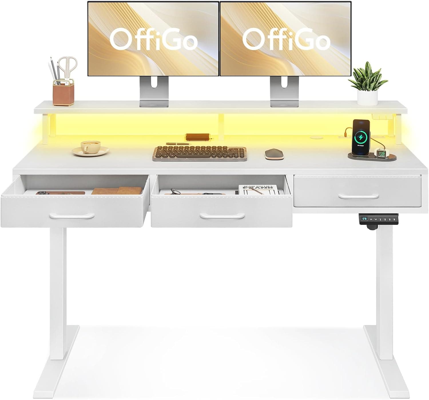 OffiGo Electric Standing Desk with Drawers, 55 Inch Height Adjustable Desk with Power Outlets & LED Lights, Sit Stand Table with Monitor Stand for Home, Office, Workstation, White White 55 Inch - Image 2