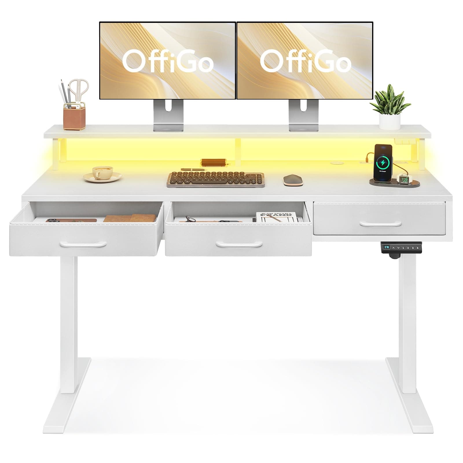 OffiGo Electric Standing Desk with Drawers, 55 Inch Height Adjustable Desk with Power Outlets & LED Lights, Sit Stand Table with Monitor Stand for Home, Office, Workstation, White White 55 Inch
